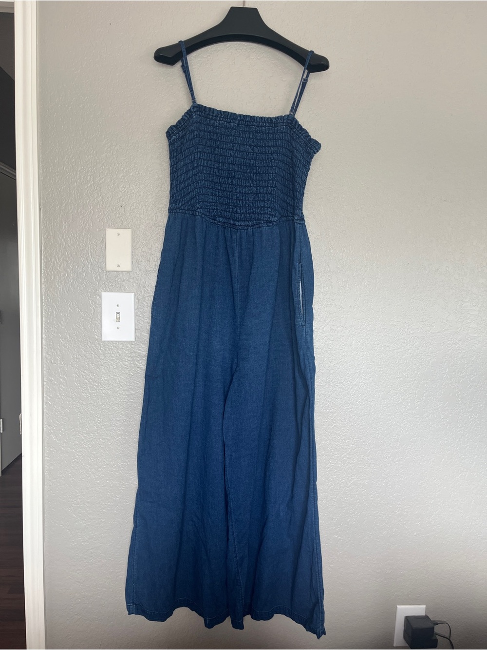 Pilcro Navy Smocked Wide-Leg Jumpsuit